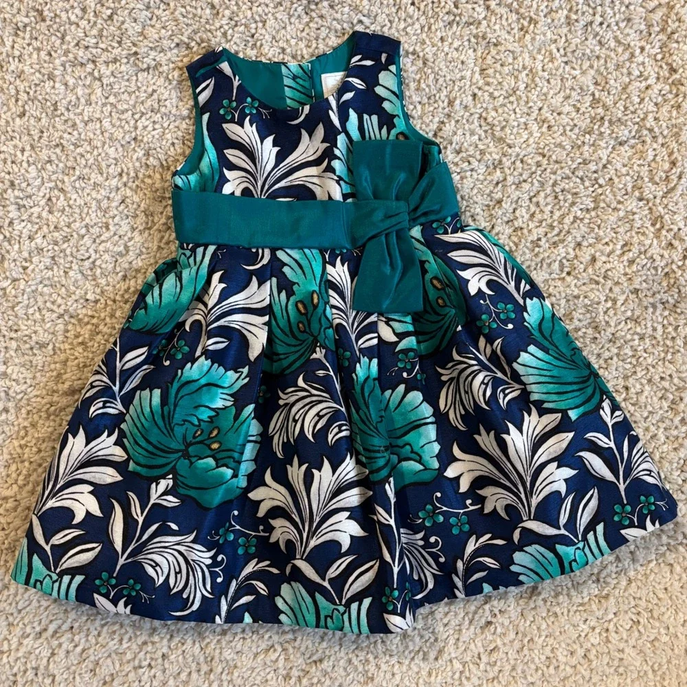 Gymboree Floral Party‎ Dress Toddler 18-24M Navy Teal Classic Princess Satin Bow